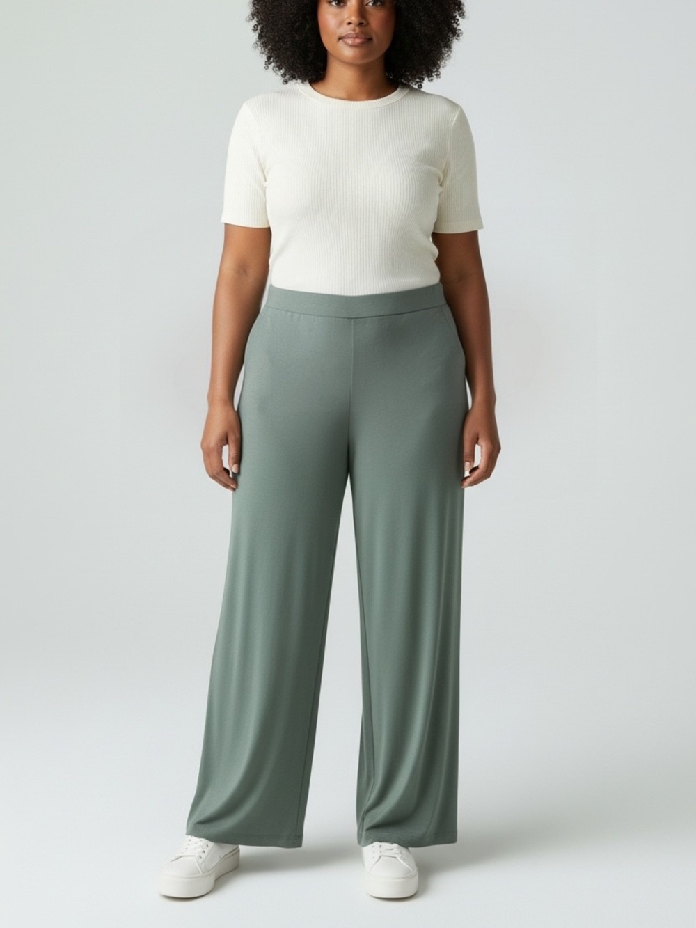 MARLA WYNNE (1X) Wide Leg Knit Pant Sage Soft Pull On Pockets Cotton Blend NWT